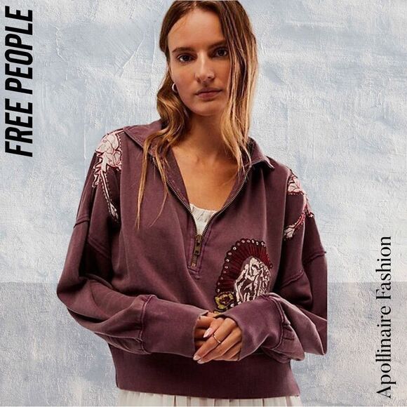 FREE PEOPLE SPORT SWEATSHIRT IN PURPLE COMBO NWT LARGE EMBELLISHED - Picture 3 of 7